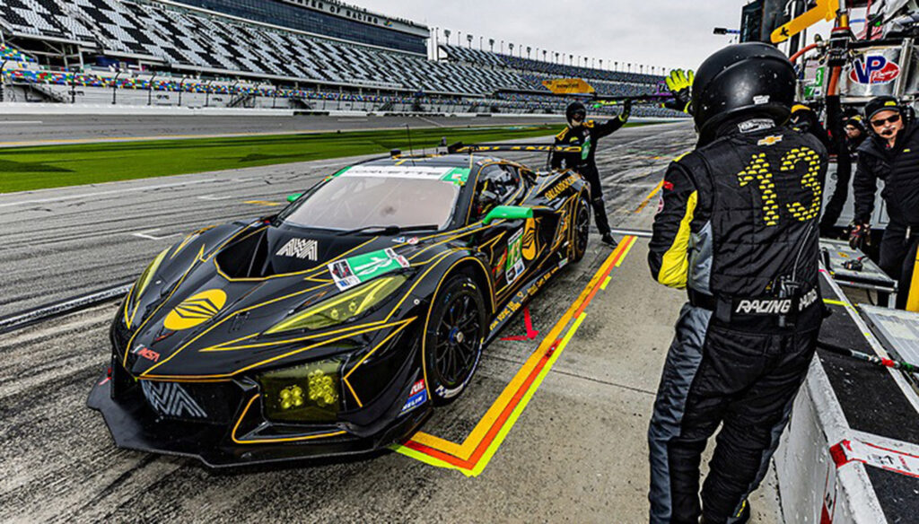 The No. 13 13 Autosport Chevrolet Corvette Z06 GT3.R heads down pit lane during qualifying for the Rolex 24 at Daytona. While the qualifying result placed the team deeper in the GTD field, Daytona has never been about a single lap. With 24 hours ahead, the focus now turns to clean execution, strategy, and endurance—areas where 13 Autosport has repeatedly proven it can fight its way forward when it matters most.