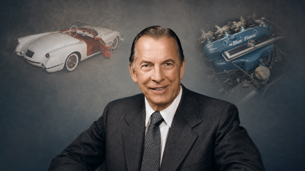 Ed Cole (Center) with the 1953 EX-122 Corvette Concept car (left) and the Blue Flame Six Cylinder engine (right)