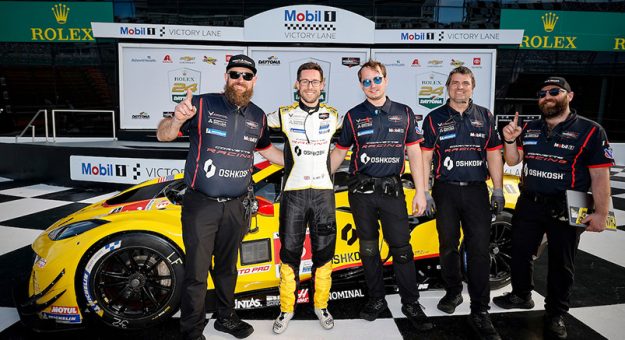 Corvette Racing celebrates a statement-making moment in Daytona Victory Lane after securing GTD PRO pole position for the Rolex 24 at Daytona. The No. 3 Corvette Racing by Pratt Miller Motorsports Chevrolet Corvette Z06 GT3.R delivered the pace when it mattered most, setting the tone for the twice-around-the-clock endurance classic. A strong qualifying result, a confident crew, and a Corvette ready to lead the field into one of the toughest races in motorsports.