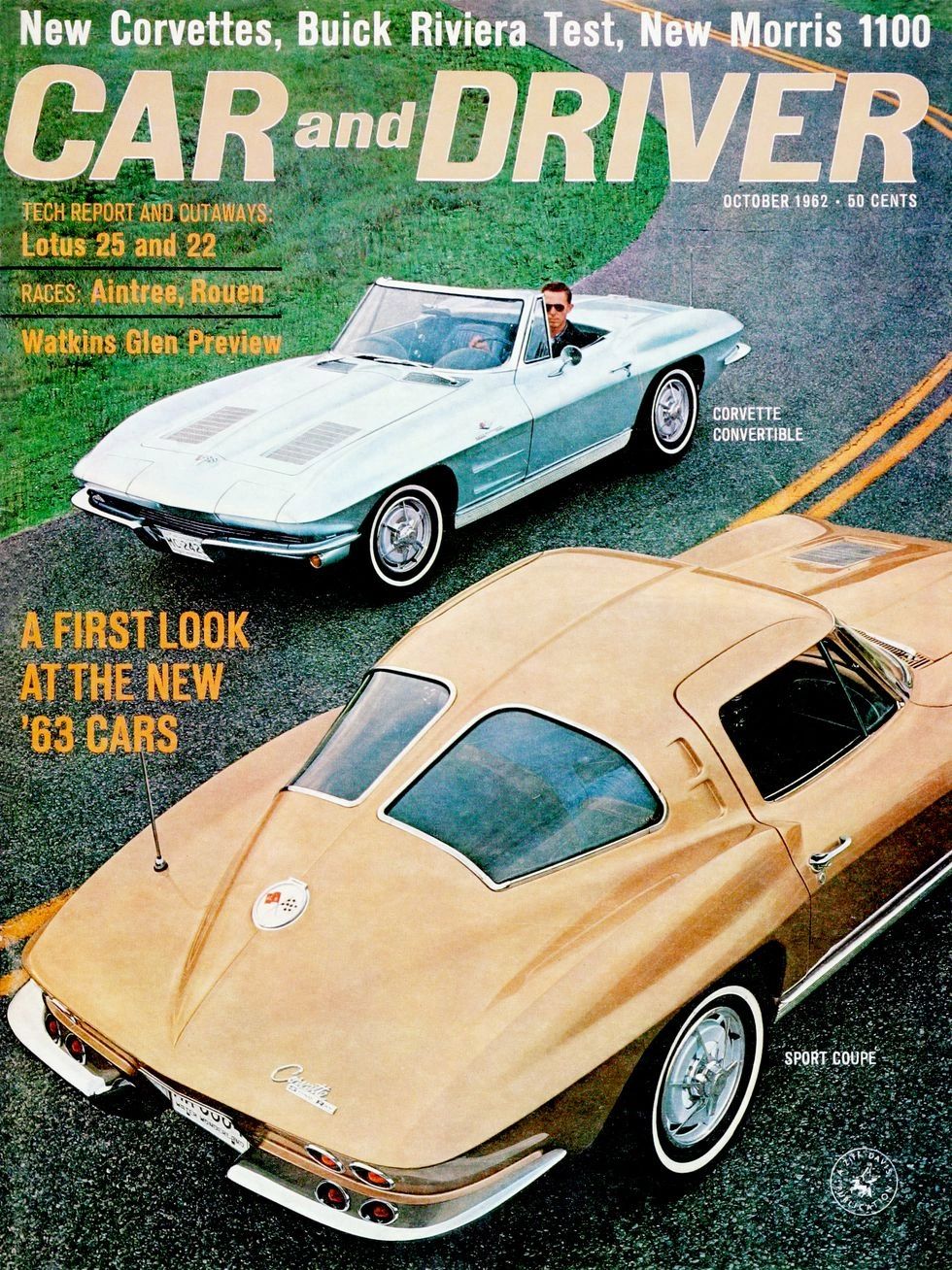 This vintage October 1962 cover of Car and Driver spotlights the brand-new 1963 Corvette Sting Ray, giving readers their first in-depth look at Chevrolet’s revolutionary second-generation sports car. The cover shows both body styles—the futuristic Split-Window Coupe in gold and the sleek convertible in white—capturing the dramatic design leap that stunned the automotive world. Priced at just 50 cents, this issue heralded the dawn of a new Corvette era that combined show-car styling with world-class engineering. (Image courtesy of Car & Driver Magazine) This vintage October 1962 cover of Car and Driver spotlights the brand-new 1963 Corvette Sting Ray, giving readers their first in-depth look at Chevrolet’s revolutionary second-generation sports car. The cover shows both body styles—the futuristic Split-Window Coupe in gold and the sleek convertible in white—capturing the dramatic design leap that stunned the automotive world. Priced at just 50 cents, this issue heralded the dawn of a new Corvette era that combined show-car styling with world-class engineering. (Image courtesy of Car & Driver Magazine)