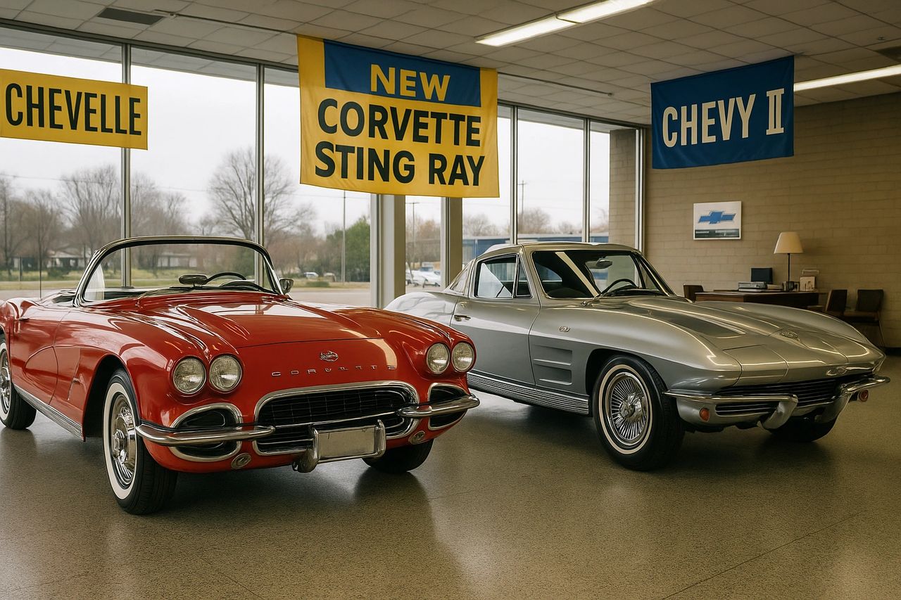 Inside a mid-century Chevrolet showroom, two legends stand side by side—the outgoing 1962 Corvette and the revolutionary 1963 Corvette Sting Ray. The red ’62, with its rounded lines, chrome trim, and dual headlights, represents the final evolution of the first-generation Corvette. Just beside it, the silver ’63 Split-Window Coupe introduces a bold new era with its knife-edged styling, hidden headlamps, and fastback profile. This moment captures the dramatic handoff between generations: one car closing out the Corvette’s formative years, the other stepping forward as a world-class sports car that would redefine America’s automotive identity. Together, they embody the transition from tradition to transformation—a story of design, engineering, and vision that made Corvette an icon. Inside a mid-century Chevrolet showroom, two legends stand side by side—the outgoing 1962 Corvette and the revolutionary 1963 Corvette Sting Ray. The red ’62, with its rounded lines, chrome trim, and dual headlights, represents the final evolution of the first-generation Corvette. Just beside it, the silver ’63 Split-Window Coupe introduces a bold new era with its knife-edged styling, hidden headlamps, and fastback profile. This moment captures the dramatic handoff between generations: one car closing out the Corvette’s formative years, the other stepping forward as a world-class sports car that would redefine America’s automotive identity. Together, they embody the transition from tradition to transformation—a story of design, engineering, and vision that made Corvette an icon.
