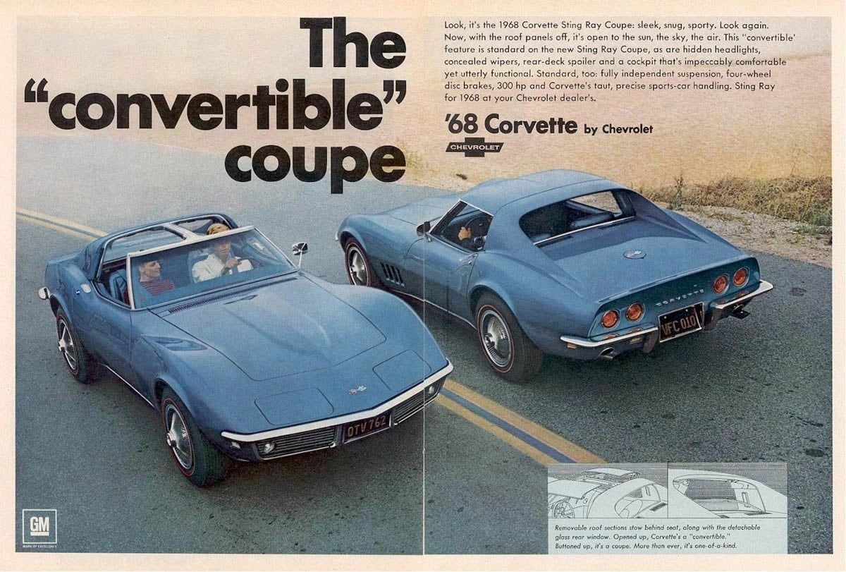 Chevrolet sold the new coupe as a “convertible” you could button up—T-tops off, rear glass out, sky pouring in—but early ’68 production didn’t quite match the promise. Panel gaps, leaky weatherstrips, balky vacuum systems (wiper door and headlamps), and inconsistent trim fit gave critics ammo in the car’s first months. As the model year progressed, running fixes and dealer adjustments cleaned up most of the rough edges, and owners discovered the fundamentals were rock-solid: stout chassis, strong brakes, and a breadth of small- and big-block powertrains. In the long run, the C3 proved exactly what this ad hints at—versatile, dramatic, and durable enough to define the “shark” era for the next 15 years.