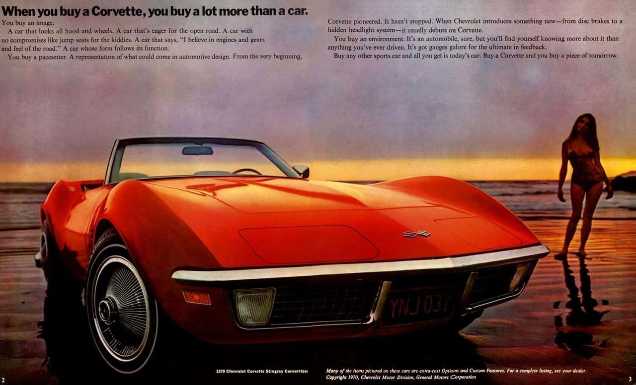 This 1970 Chevrolet Corvette Stingray advertisement captured GM’s ability to sell more than a machine—it sold an image, a feeling, and a dream. The headline, “When you buy a Corvette, you buy a lot more than a car,” framed the Corvette as a symbol of individuality and freedom rather than simple transportation. The copy celebrated raw performance and passion—“a car that says, ‘I believe in engines and gears and feel of the road’”—while dismissing practicality in favor of emotion. Visually, the ad depicted a vivid orange Corvette convertible poised on a sunlit beach at dusk, its curves glowing under the fading light as a lone figure stood in the background, evoking desire, adventure, and the spirit of escape. By highlighting Corvette innovations like disc brakes and hidden headlights, GM reinforced the car’s role as America’s technological and cultural pace-setter. Together, the imagery and message defined the Corvette as more than just a sports car—it was a statement of style, confidence, and the promise of tomorrow.