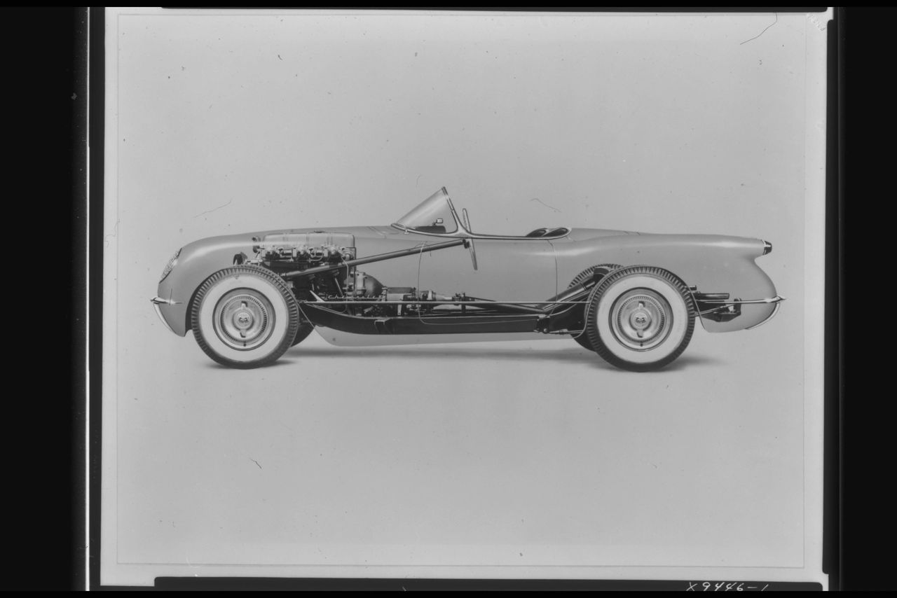 One of Maurice Olley’s design drawings showing the configuration and placement of the 1953 Corvette’s chassis and steering assemblies.   (Image courtesy of General Motors LLC.)