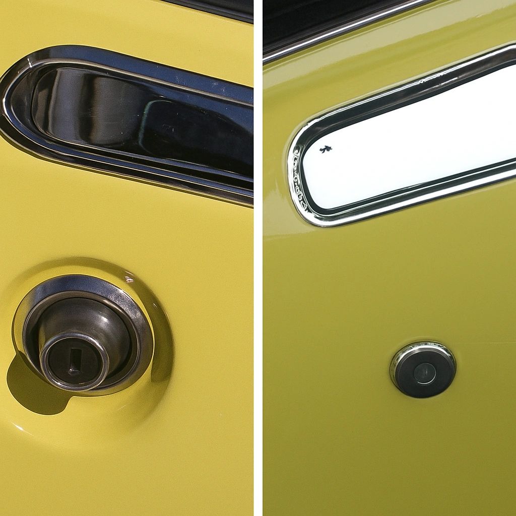 Side by side, the 1968 (left) and 1969 (right) Corvette door handles tell a story of refinement through function. The '68 handle features a separate chrome thumb button, a carryover from earlier designs that proved prone to misalignment and wear. In response to owner feedback, Chevrolet reengineered the mechanism for 1969—integrating the button into the handle for a cleaner look, improved ergonomics, and fewer moving parts. It’s a subtle but meaningful example of how Corvette’s evolution was often driven by real-world use.