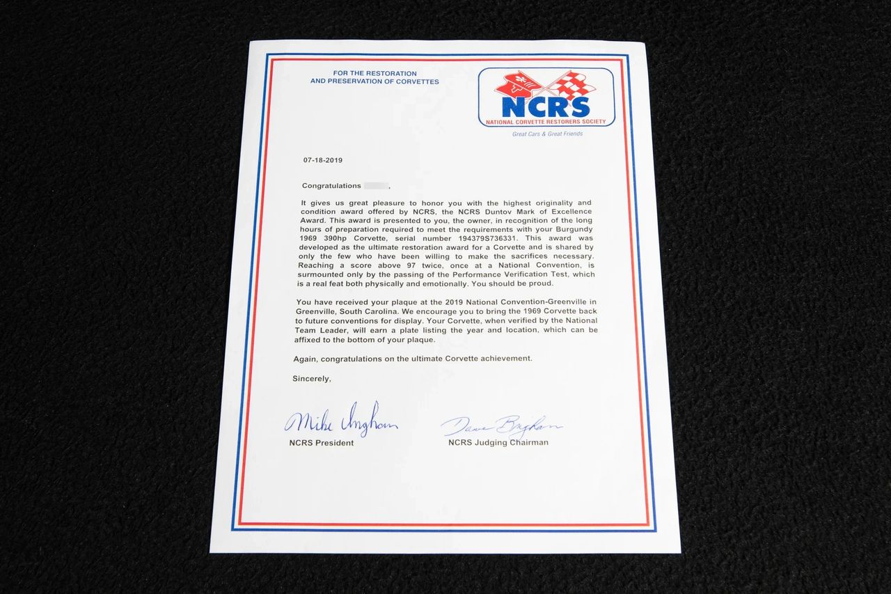 When buying a 1969 Corvette, proper documentation can be just as important as the car itself, as it verifies authenticity, originality, and provenance. A letter from the NCRS, such as this one awarding the Duntov Mark of Excellence, demonstrates that the car has been judged against the most rigorous restoration and originality standards in the hobby. For buyers, this means added confidence that the Corvette retains correct components, finishes, and factory details, which directly impacts both its value and collectability. In short, NCRS documentation transforms a Corvette from simply being “restored” into a verified, investment-grade example.
