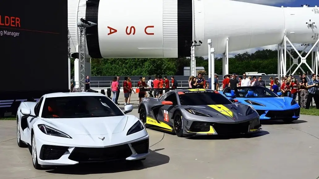 2020 Corvette coupe (left), C8.R race car (middle) and the new 2020 C8 Convertible (right) on display at the Kennedy Space Center in Florida.