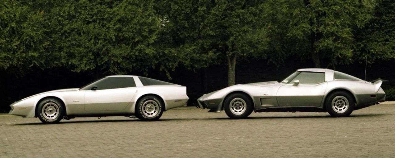 A 1982 Corvette (right) parked with a full-scale clay model of the C4 (still in development at the time this picture was taken).  While the design of the C4 would continue to evolve, this picture clearly depicts the evolution of the Corvette's design between the third- and fourth-generation models. (Image courtesy of GM Media.)