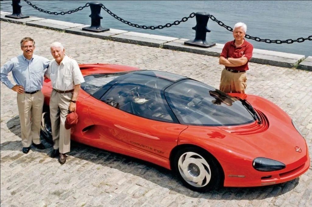 Dave McLellan (right), Zora Arkus-Duntov (left), and David Hill (far left) each served as Corvette's Chief Engineer.  As it pertains to the 1990 Corveite, the Corvette Indy (the vehicle pictured here), was one of the very first vehicles to be powered by the LT5 engine developed by Lotus for the C4 ZR-1 Corvette. (Image courtesy of GM Media LLC.)