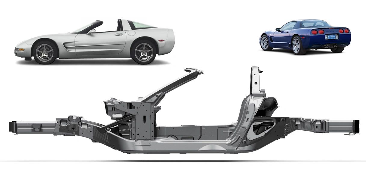 The C5 Corvette’s hydroformed steel perimeter frame and rigid central tunnel created a true backbone, tying the LS1 to a rear-mounted transaxle through a torque tube. This layout shifted mass rearward for near 50/50 balance, reduced noise and vibration, and opened up meaningful cabin and trunk space. Aluminum suspension components and composite transverse leaf springs kept weight down while sharpening ride and handling. The result was a platform so stiff and refined that even the convertible became a no-compromise performance model and a foundation for the next generation.