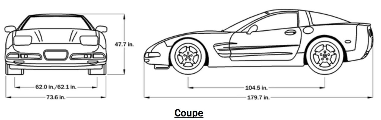 Here’s the C5 Corvette coupe at a glance: 179.7 inches long on a 104.5-inch wheelbase, 73.6 inches wide, and just 47.7 inches tall. Track width measures 62.0 inches up front and 62.1 inches at the rear, giving the car its planted stance. The long wheelbase, wide tracks, and low roofline were central to the C5’s stability, interior packaging, and aero efficiency. (Graphic created by and courtesy of the author.)