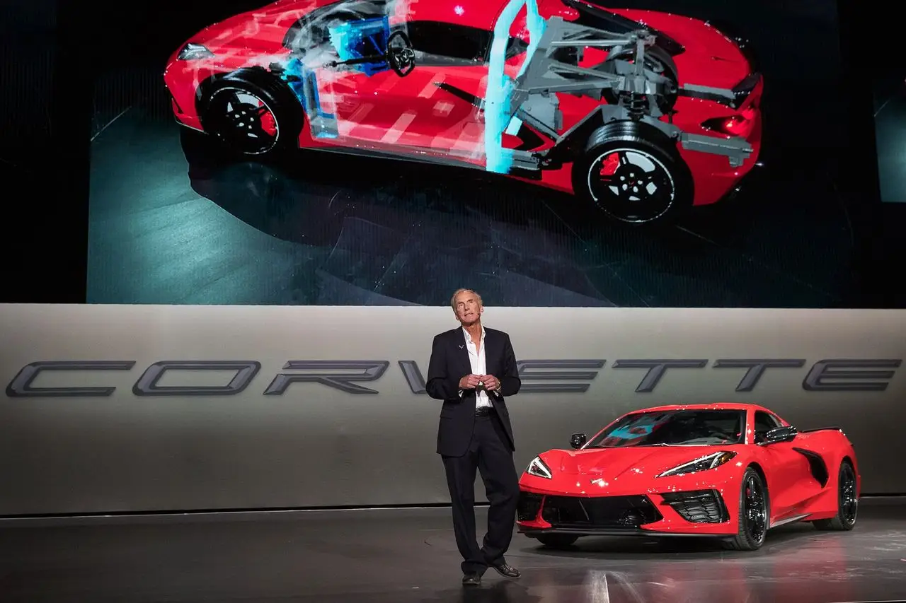 Tadge Juechter introduces the 2020 Corvette in Tustin, California.  (Image courtesy of GM Media LLC.)