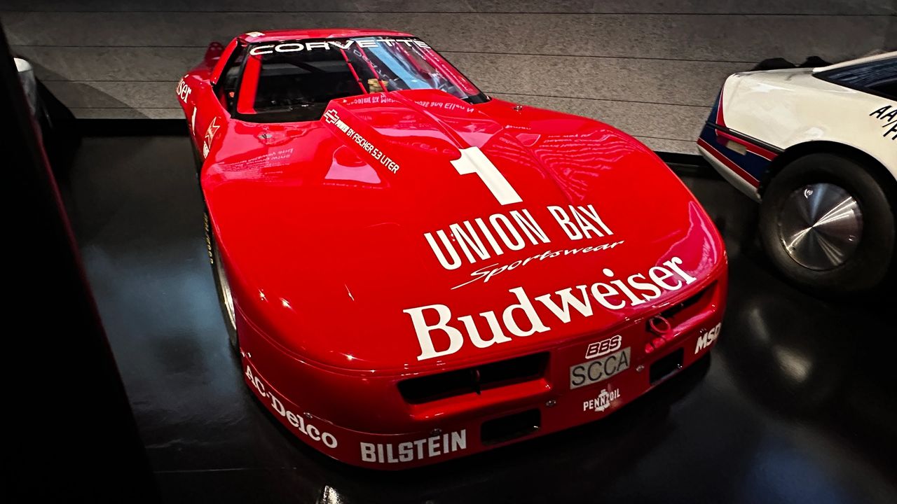 ChatGPT said:  See it in person at the National Corvette Museum in Bowling Green: the DeAtley/Union Bay Budweiser C4 tube-frame racer. Its low, one-piece nose, flush lights, and period decals read like a Trans-Am time capsule. Stand inches away, study the aero details, and feel how Corvette racing reinvented itself in the mid-’80s. (Image courtesy of the author)