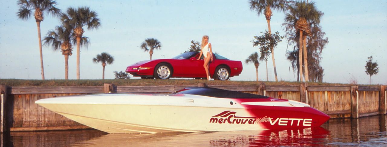 This promotional shot pairs the revolutionary Corvette ZR-1 with a high-performance MerCruiser Marine Vette speedboat, both powered by versions of the legendary LT5 engine. The collaboration highlighted the versatility and engineering prowess of Chevrolet and Mercury Marine, proving that the ZR-1’s all-aluminum 32-valve V8 could deliver world-class performance on land and water alike.