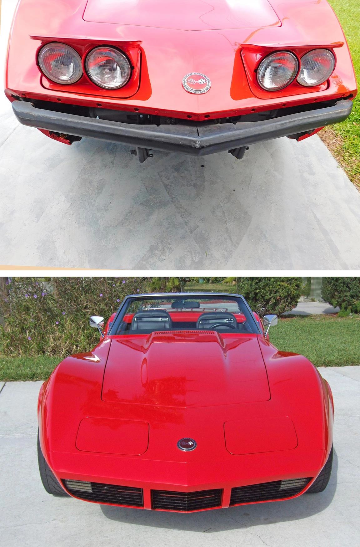 The upper photo reveals the true front bumper structure of the 1973 Corvette—the steel impact bar engineered to meet new 5-mph NHTSA durability mandates, normally invisible to the public eye. Beneath the theatrics of the earlier Mako-inspired chrome nose, this is the hardware that had to absorb and yield, protecting paint and fiberglass from a regulatory impact it was never designed to face. The lower image shows that same engineering now concealed beneath a body-matched urethane fascia, a compliant skin that preserved Corvette’s low, sharp identity while sacrificing the chrome sparkle up front. It wasn’t design revisionism—it was design triage: function first, beauty salvaged second. (Images courtesy of Corvette Magazine)