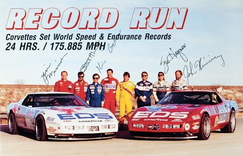 In March 1990, Chevrolet proved the Corvette ZR-1 was more than hype with a record-shattering endurance run at Fort Stockton, Texas. Two specially prepared ZR-1s averaged 175.885 mph for 24 hours straight, setting new FIA World Speed and Endurance records and demonstrating the LT5 engine’s world-class durability. Behind the wheel was an all-star roster of drivers: Tommy Morrison, John Heinricy, Stu Hayner, Jim Minneker, Scott Lagasse, Don Knowles, and Kim Baker. Their combined effort showed that the ZR-1 wasn’t just fast—it was a car that could run flat-out for an entire day, a feat few exotics of the era could match. This photo immortalizes the cars, the crew, and the drivers who helped etch the ZR-1 into the record books.
