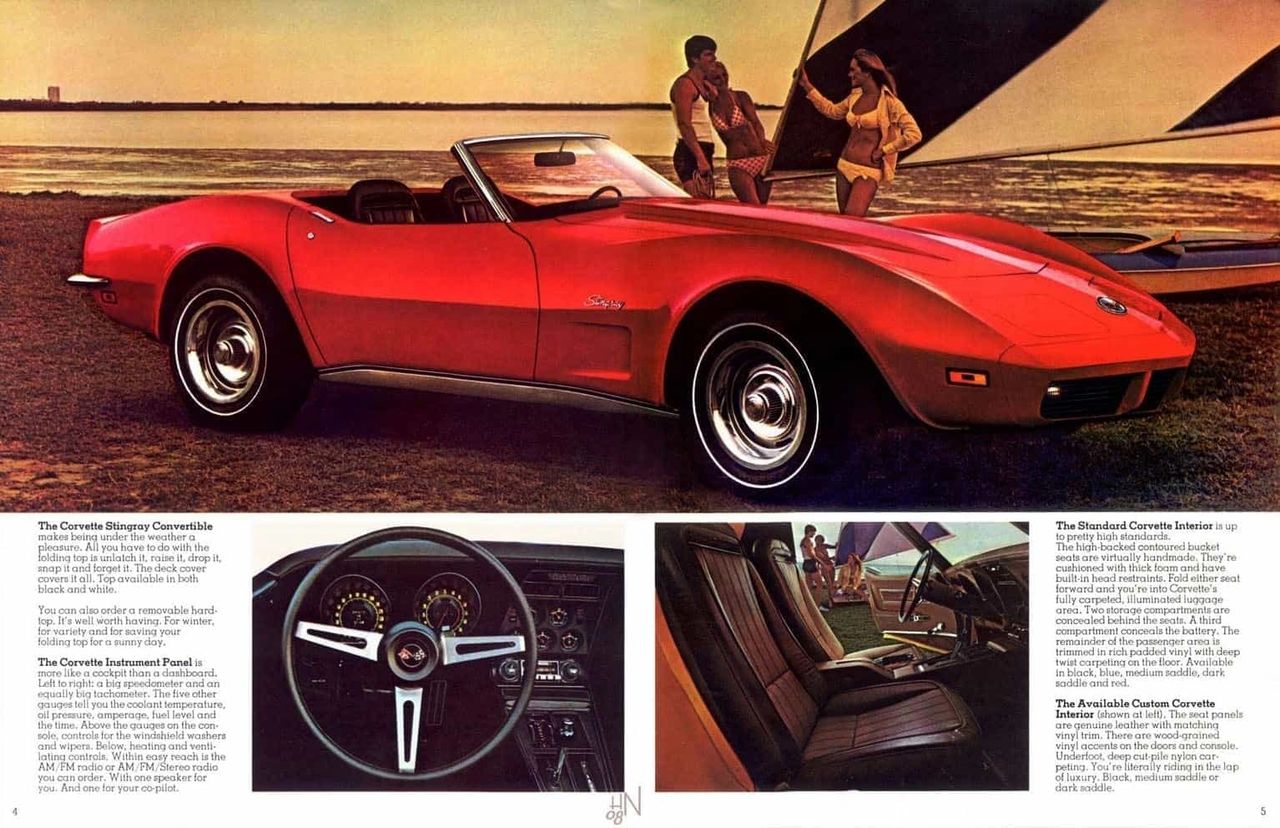 To European eyes, the 1973 Corvette looked like the loud American extrovert parked at the beach—low, long, and drenched in color—but by this point it was quietly closing the gap on their idea of a well-rounded grand tourer. Magazine tests still showed the Stingray running with cars like the Porsche 911 and Ferrari Dino in straight-line performance, yet Chevrolet was steadily engineering in the kind of reliability and comfort that made it more than a weekend toy. Year by year, the convertible in this brochure gained better tires, improved body mounts, stronger door beams, and more sound insulation, turning it into a car that could cross states as confidently as it blitzed on-ramps. European sports cars were praised for their balance and refinement; the ’73 Corvette was starting to earn similar respect while keeping its big-bore attitude and open-sky drama. To many enthusiasts, it proved that America’s fiberglass icon didn’t have to choose between speed and staying power—it could do both, with each model year getting just a little more grown-up.