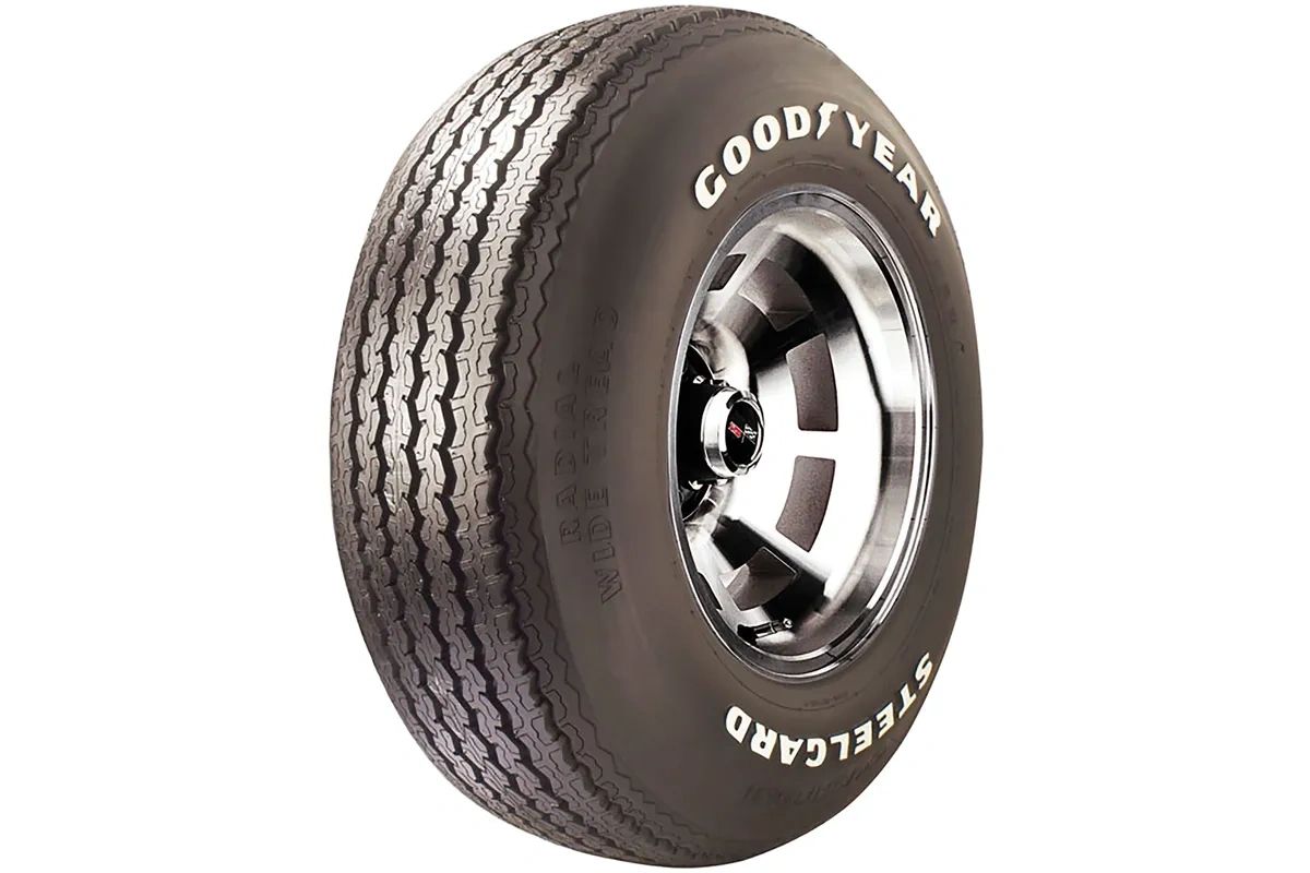 On the 1973 Corvette, this is exactly the kind of rubber that marked Chevy’s move into the radial era. From the factory, Stingrays rode on GR70x15 steel-belted radials, most commonly Firestone 500s or Goodyear Steelgards, depending on supplier and how the car was optioned. Buyers could choose narrow white stripes or bold raised white letters, but either way the tire size and construction were the same. These radials replaced the old bias-ply Wide Ovals and gave the ’73 Corvette better highway stability, improved wet-weather manners, and longer tread life. Enthusiasts grumbled about the 120-mph speed rating and slightly softer skidpad numbers, but visually and mechanically, a 1973 Corvette sitting on Firestone 500 or Goodyear Steelgard GR70-15s is pure period-correct Stingray. (image courtesy of Goodyear)