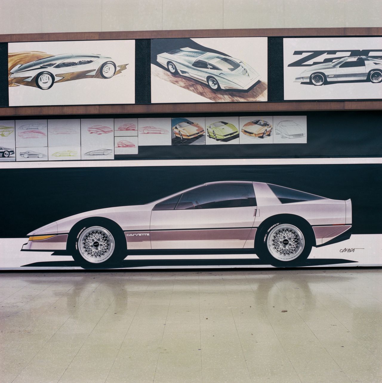 One of the many early, full scale renderings by John Cafaro of the 1983 Corvette (as envisioned by Jerry Palmer and David McLellan.)(Image courtesy of GM Media.)