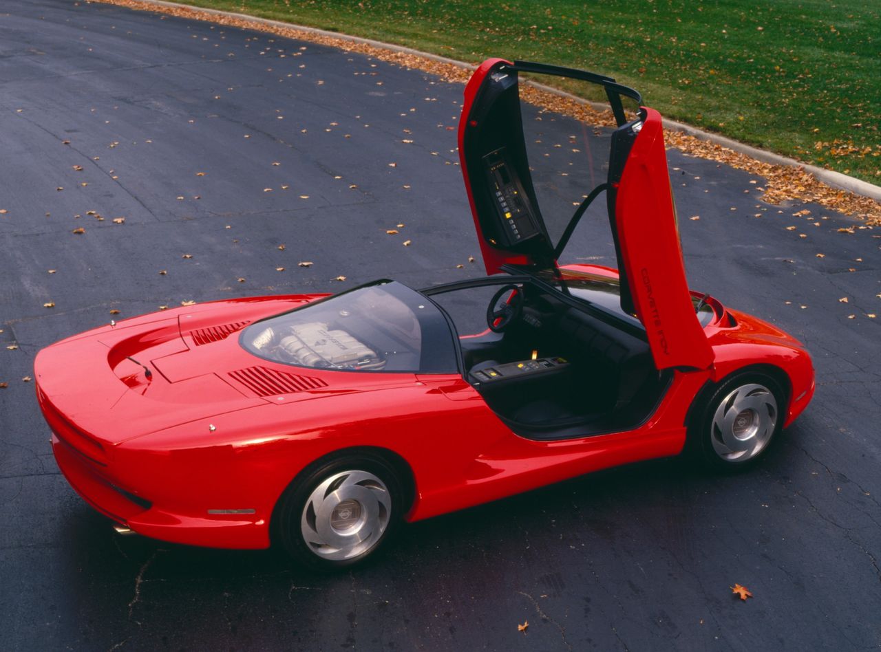 The third (and only operational) 1986 Corvette Indy Concept Car.  Look closely and you'll observe this car is equipped with the Lotus-developed LT5 engine (the same powerplant used in the fourth-generation ZR-1 Corvettes.). (Image courtesy of GM Media LLC.)