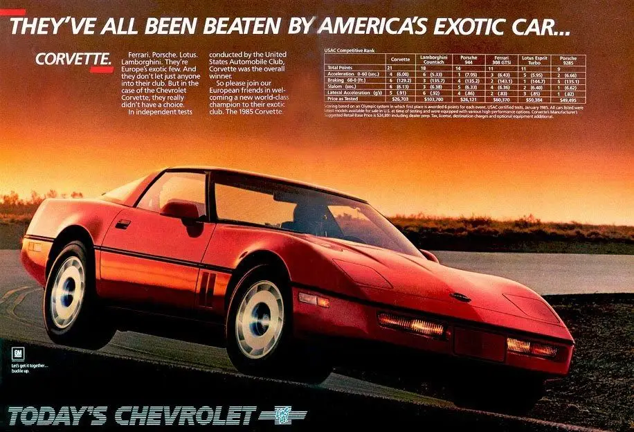 GM strategically marketed the Corvette as "America's Exotic Car," publishing claims that the sophomore year, fourth-generation Corvette would outperform anything in its class.  (Image courtesy of GM Media.)
