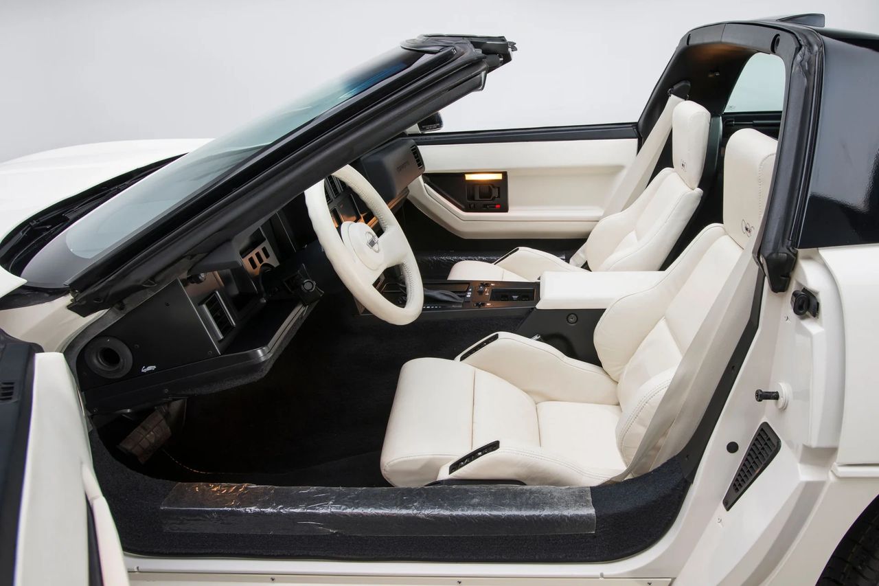 The interior of the 35th Anniversary Corvette came wrapped in white leather, which perfectly complimented the all white exterior.  While this interior was criticized by some consumers as being "excessively difficult to keep clean," there is no denying that its appearance is striking.