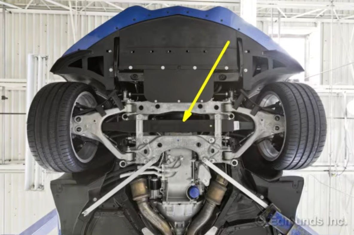 Up front, the C7’s aluminum cradle carries forged control arms, the solid-mounted electric steering rack, and the transverse composite spring—light, low, and a contributor to roll control. The yellow arrow points to the front shear panel/cross-brace tying the cradle side rails together to keep the pickup points locked in under cornering loads. Those long white diagonals are tension braces that route load into the body, while the dampers (35-mm Bilsteins standard, 45-mm with Z51, Mag Ride optional on Z51) do the fine work. Net effect: a stiff, lightweight front end that bites immediately and stays precise when you lean on it. (Image courtesy of Edmunds.com)