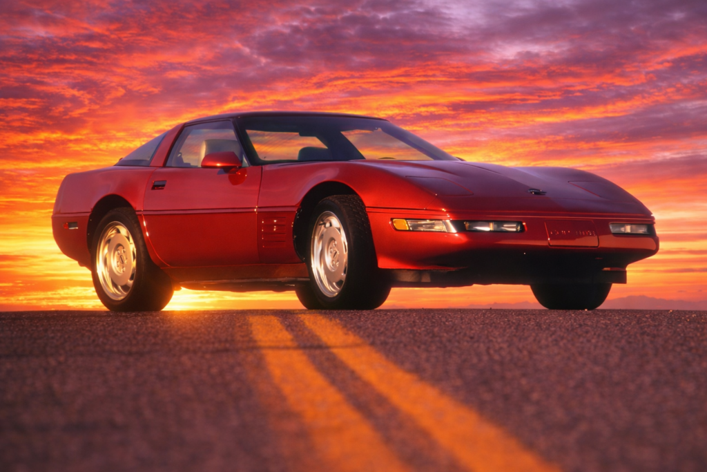 The 1992 Chevy Corvette in Dark Red Metallic on open road at sunset.
