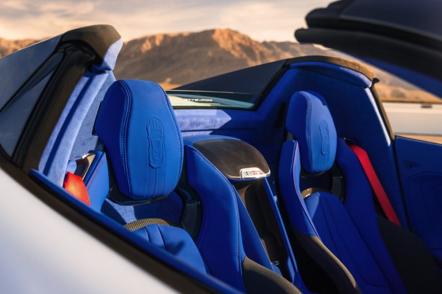 Beyond its performance credentials, the 2027 Corvette Grand Sport arrives with distinctive visual and interior cues, including striking blue upholstery, embossed headrests, and launch-specific trim details that give the new model a sharper aesthetic identity inside and out. (Image courtesy of GM Media LLC.)