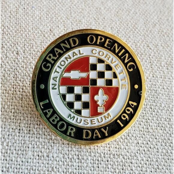 This enamel lapel pin commemorates the National Corvette Museum’s grand opening on Labor Day 1994. Encircled by “GRAND OPENING • LABOR DAY 1994,” it centers the museum seal—an homage to Corvette iconography with the Chevrolet bowtie, racing checks, and fleur-de-lis signifying engineering, competition, and heritage. Pins like this were offered to early supporters and attendees who caravanned into Bowling Green for the dedication across from the Assembly Plant. Small in size but big in meaning, it’s a pocket-ready artifact from the weekend the NCM officially became Corvette’s home. A perfect keepsake that ties fans back to the community that built the museum.