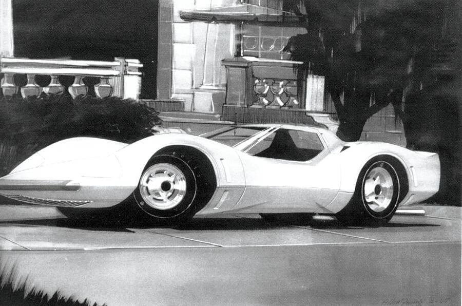 Set against the ornate backdrop of a stately mansion, this GM Styling studio rendering imagines the XP-819 as a low, gleaming projectile gliding up to the front steps like some visiting spacecraft. The body is impossibly clean—no scoops or spoilers to clutter the surfaces—just a smooth, tapering nose, a subtle fender break over the front wheel, and a gently kicked-up tail that hints at the engine hanging out behind the rear axle. The wheels are tucked deep into the arches, visually pinning the car to the pavement and emphasizing its almost slot-car stance, while the canopy-style cockpit sits like a clear bubble dropped into the middle of the form. Framed by classical architecture and heavy landscaping, the scene reinforces just how radical this rear-engine Corvette proposal really was: a piece of pure future parked in front of yesterday’s idea of luxury. Set against the ornate backdrop of a stately mansion, this GM Styling studio rendering imagines the XP-819 as a low, gleaming projectile gliding up to the front steps like some visiting spacecraft. The body is impossibly clean—no scoops or spoilers to clutter the surfaces—just a smooth, tapering nose, a subtle fender break over the front wheel, and a gently kicked-up tail that hints at the engine hanging out behind the rear axle. The wheels are tucked deep into the arches, visually pinning the car to the pavement and emphasizing its almost slot-car stance, while the canopy-style cockpit sits like a clear bubble dropped into the middle of the form. Framed by classical architecture and heavy landscaping, the scene reinforces just how radical this rear-engine Corvette proposal really was: a piece of pure future parked in front of yesterday’s idea of luxury.