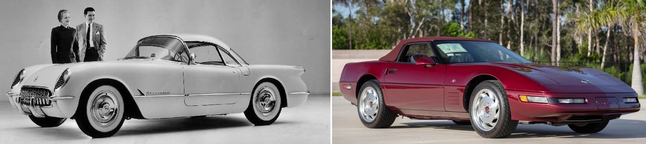 This side-by-side neatly bookends Corvette’s first 40 years: at left, Harley Earl’s early C1—an elegant, fiberglass two-seater born in 1953—still wearing wire-style caps and the understated glamour that launched America’s Sports Car; at right, the 1993 40th Anniversary C4 in Ruby Red Metallic, its commemorative badges and matching interior celebrating the lineage. The contrast tells the story of progress—from Blue Flame six and Powerglide origins to an LT1-powered, world-class performer with available six-speed, ABS and traction control—yet the constants endure: low stance, long hood/short deck, and a singular focus on two-seat American performance. In one image you can see how Corvette evolved dramatically without ever losing its original soul.