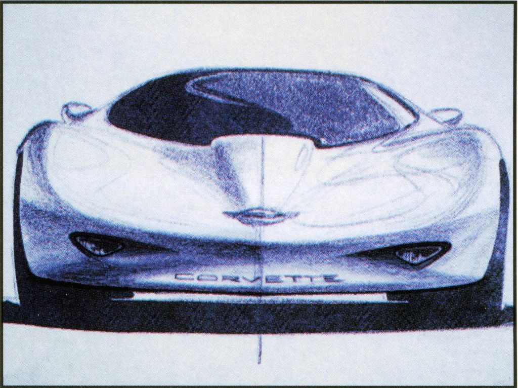 An early C5 design sketch, this drawing shows the studio’s “shrink-wrap the hardware” vision for the all-new 1997 Corvette—wide, low, and aero-clean. The canopy-style greenhouse, pronounced center spine (a quiet nod to the ’63 Sting Ray), and deep fascia intakes push a futuristic, almost mid-engine vibe. Note the bold CORVETTE script across the lower bumper and the slim lamp openings—concept cues that were toned down as the program matured. Even so, the production C5 kept the essentials you see here: broad shoulders, a planted stance, and surfacing shaped by airflow over ornament. (Image courtesy of GM Media LLC.)