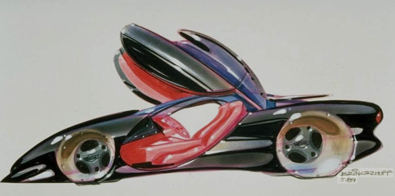 An early 1989 rendering of the Stingray III “California Corvette” by designer Jim Brinkerhoff at GM’s Advanced Concept Center, this sketch captures the radical scissor doors, sweeping canopy glass, and futuristic stance that defined the concept. Created during a heated internal competition between GM’s design studios to shape the Corvette’s future, Brinkerhoff’s vision showcased the bold, West Coast flair that set the Advanced Concept Center apart—and ultimately helped secure its place as the creative force behind one of the most daring Corvette concepts ever imagined.