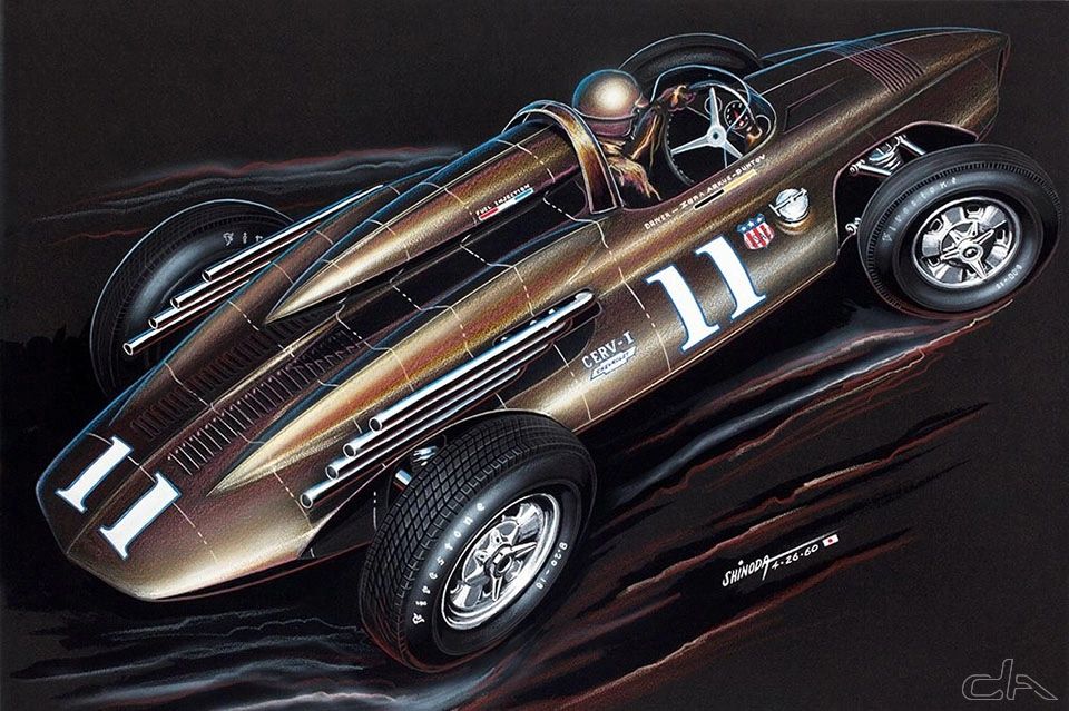 Larry Shinoda’s April 26, 1960 rendering turns CERV-I—the Chevrolet Engineering Research Vehicle—into a lithe, Indy-inspired projectile. On black board, he punches up the essentials: razor nose, faired headrest, external headers, and knock-off magnesium wheels, all streaked with motion lines and bold “11” numerals. Look closer at the cockpit rim and you’ll see Zora Arkus-Duntov’s name hand-lettered—an explicit stamp that this was Zora’s vision and “rolling laboratory.” Rivet lines and vent slats telegraph aircraft logic; it’s classic Shinoda—clean, purposeful, and fast even at a standstill.