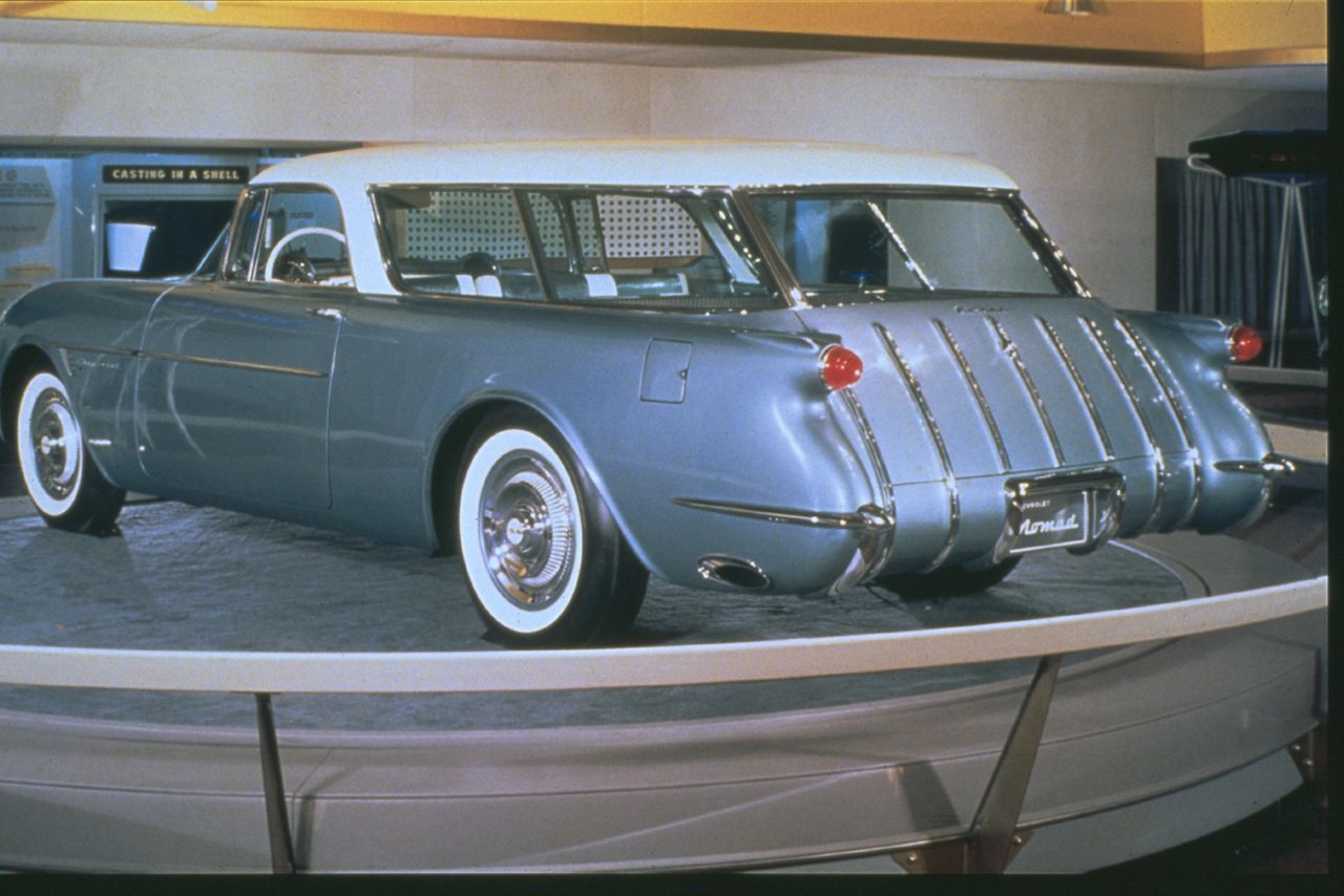 The 1954 Corvette Nomad on display in the lobby of the Waldorf Astoria Hotel at that year's Motorama event.  (Image courtesy of GM Media.)