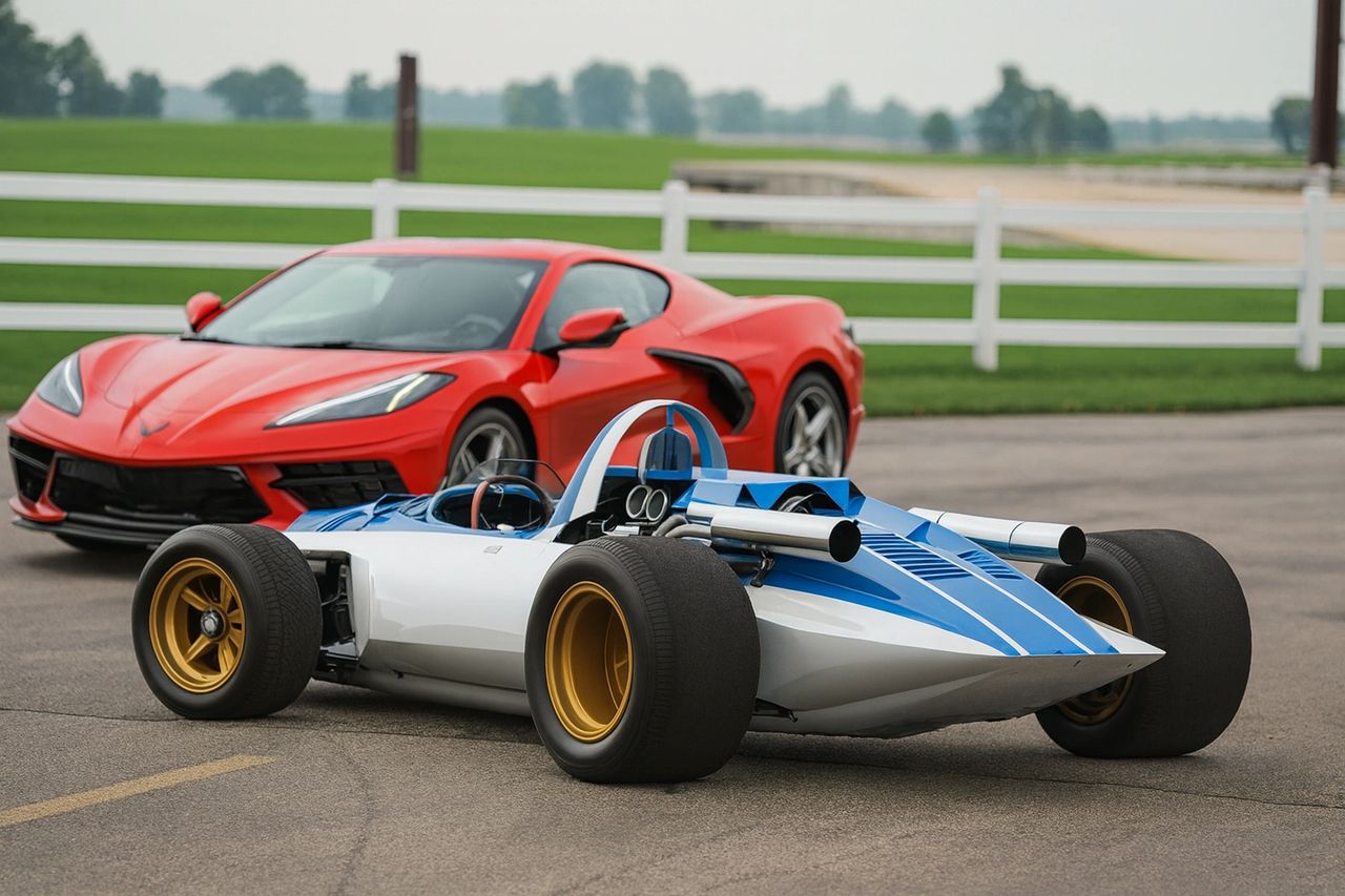 CERV I and the C8 Stingray—six decades apart yet joined by the same vision—make a powerful statement when photographed together. In the foreground, Zora Duntov’s 1960 experimental mule wears its cigar-tube body, magnesium wheels, and twin megaphones: a purpose-built test rig that probed the possibilities of a mid-engine Corvette. Behind it, the 2020 C8 represents the fulfillment of that dream, a production car born from lessons CERV I and its successors helped uncover. Parked nose-to-tail, they frame the story arc of Corvette innovation, from raw experiment to showroom reality.