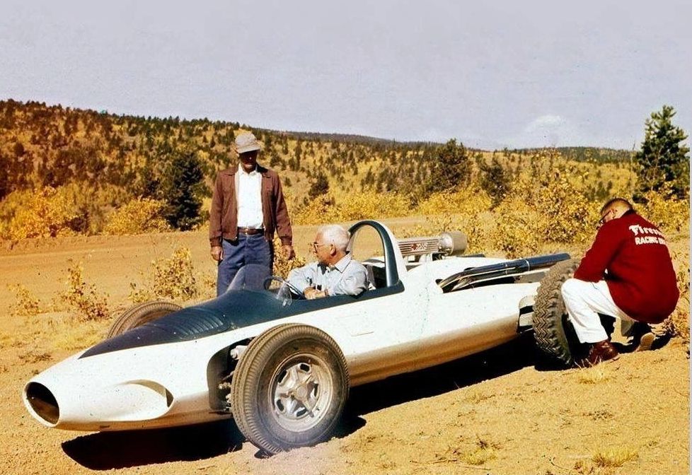 Zora Arkus-Duntov behind the wheel of the CERV I at Pikes Peak.
