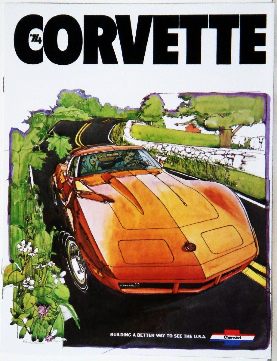 GM’s 1974 Corvette advertising leaned hard into the car’s role as an escape machine, selling it as the perfect way to “see the U.S.A.” on winding back roads far from the gas lines and malaise of the era. This vivid, almost storybook artwork puts the driver front and center, top down and nose pointed into the next curve, reinforcing Corvette as a lifestyle decision—equal parts performance, freedom, and style—rather than just another new car in the showroom.