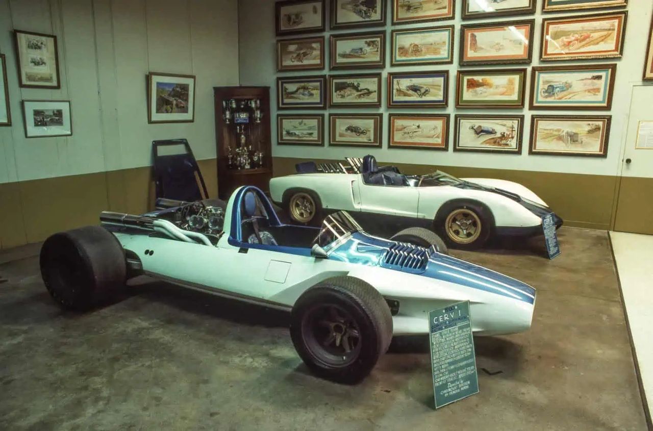 On display at the Briggs Cunningham Automotive Museum in Costa Mesa, California, CERV I (foreground) sat alongside CERV II after GM gifted CERV I to the museum in 1972. Opened in 1966, the Costa Mesa museum became a showcase for Cunningham’s competition history and rare prototypes; when it closed in 1986–87, Miles Collier acquired the collection and moved it to Naples as the Collier Collection (now presented at the Revs Institute). Decades later, CERV I crossed Barrett-Jackson Scottsdale in 2017 at $1.2M hammer ($1.32M with premium), and GM quietly repatriated the car to the GM Heritage Center—bringing the seminal testbed full circle.