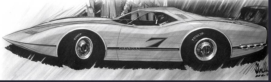 This dramatic illustration shows Schinella pushing the XP-819 theme to its racing extreme: a razor-sharp nose, deep “Coke-bottle” tumblehome, and a canopy-style greenhouse hunkered low between swollen fenders. The under-nose intake and crisply vented front deck hint at the front-mounted radiator that would help tame the rear-engine layout, while the Dunlop-shod wire wheels and exposed side exhaust stacks make the car look ready for Le Mans straight off the drawing board. Along the rocker, a simple “Chevrolet” script ties this wild experiment back to production reality, a reminder that Winchell and Shinoda were still aiming at a buildable Corvette, not a pure fantasy car. Although the finished XP-819 would be toned down considerably, Schinella’s sketch captures the raw, unfiltered vision of what a rear-engine Corvette racer might have been if Styling, rather than Engineering, had the final word. (Image courtesy of GM Media LLC) This dramatic illustration shows Schinella pushing the XP-819 theme to its racing extreme: a razor-sharp nose, deep “Coke-bottle” tumblehome, and a canopy-style greenhouse hunkered low between swollen fenders. The under-nose intake and crisply vented front deck hint at the front-mounted radiator that would help tame the rear-engine layout, while the Dunlop-shod wire wheels and exposed side exhaust stacks make the car look ready for Le Mans straight off the drawing board. Along the rocker, a simple “Chevrolet” script ties this wild experiment back to production reality, a reminder that Winchell and Shinoda were still aiming at a buildable Corvette, not a pure fantasy car. Although the finished XP-819 would be toned down considerably, Schinella’s sketch captures the raw, unfiltered vision of what a rear-engine Corvette racer might have been if Styling, rather than Engineering, had the final word. (Image courtesy of GM Media LLC)