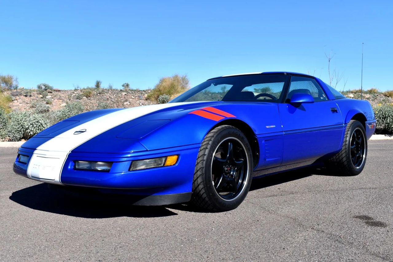 The 1996 Corvette Grand Sport—Admiral Blue with the white spine and red Sebring hashes, LT4/ZF6 under the skin and ZR-1-width rears out back. The C4’s last word, said loud and right.