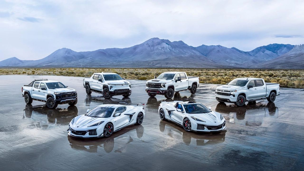 This group shot puts the Stars & Steel Collection into full context, showing how Chevrolet applied a unified patriotic design language across performance cars and trucks alike. Finished primarily in Summit White and Arctic White, each vehicle is accented with Satin Silver or Satin Black American flag–inspired striping and subtle “250” graphics, creating a cohesive visual identity that ties the lineup together without overwhelming the sheetmetal. The Corvettes anchor the image with low, aggressive stances and star-field hood graphics, while the Silverado and Colorado models translate the same Stars & Steel cues into a tougher, utility-focused form. Together, the lineup reflects Chevrolet’s intent with the collection: a modern, restrained celebration of America’s 250th anniversary that spans sports cars, trucks, and electrification under a single, unmistakably American theme. (Image source: GM Media LLC)
