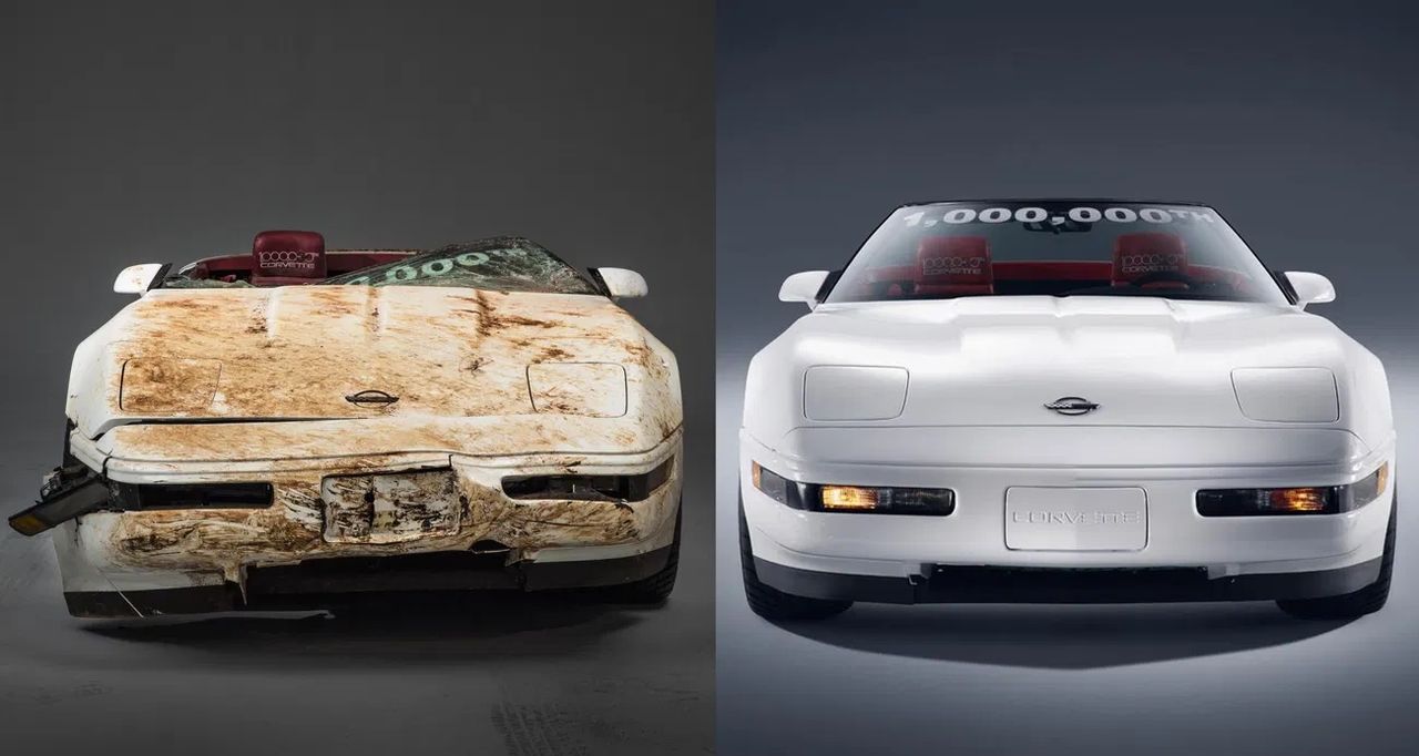 In 2014, the one-millionth Corvette—a white 1992 convertible built to mirror the very first 1953 model—was swallowed by the infamous sinkhole that opened beneath the National Corvette Museum. The car was crushed and scarred, its once-pristine fiberglass body battered and caked in dirt, instantly becoming one of the most heartbreaking images in Corvette history. Recognizing its historical importance, Chevrolet and GM Design rallied a team of craftsmen to bring it back from near ruin. Using a combination of new-old-stock parts, donor panels, and painstaking restoration work, they preserved as much of the original car as possible, including its red leather seats and unique VIN. The process required months of effort, blending artistry with factory-correct precision, before the milestone Corvette was triumphantly returned to display in 2015. Today, the restored car stands as both a symbol of Corvette’s resilience and a testament to the passion of the people determined to save it.