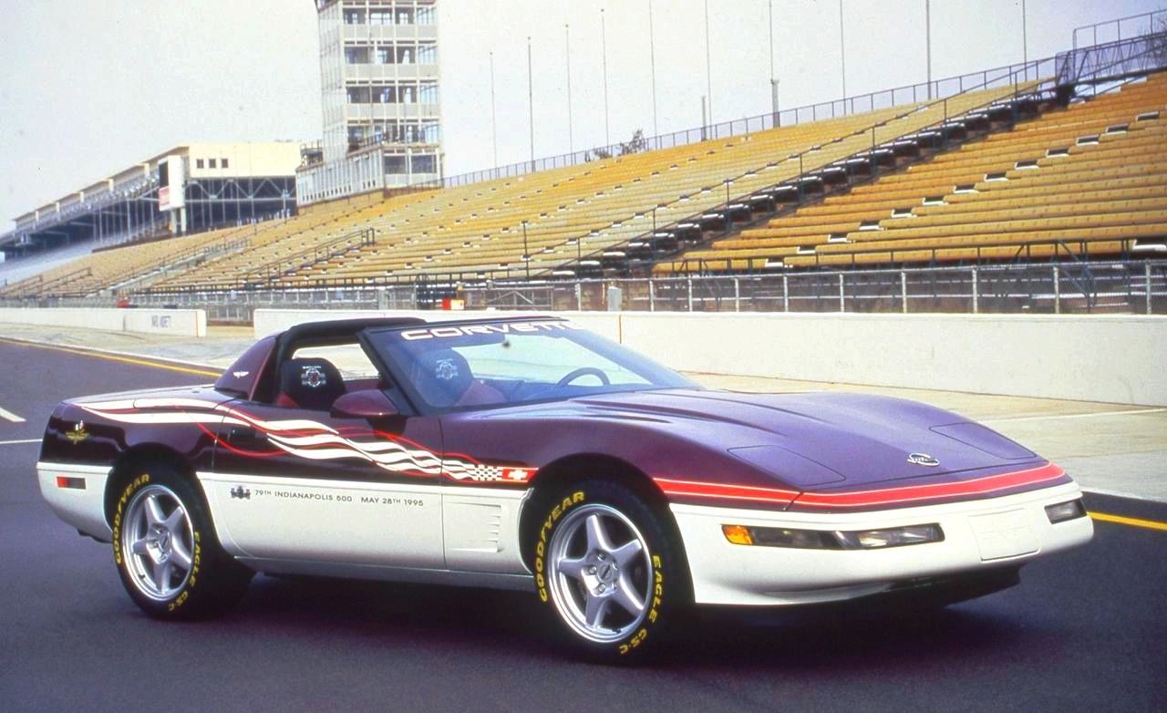 This 1995 Corvette Pace Car—Dark Purple Metallic over Arctic White with wind-swept ribbon graphics—led the 79th Indianapolis 500 essentially stock, proof of how civilized and capable the late-C4 had become. Under the skin: LT1 torque, tidy chassis manners, and A/C cold enough for pit-lane crawls under a hot May sun. Chevrolet built 527 Z4Z Pace Car Replicas for the street, but the look you see here—white top, embroidered headrests, red pinstripe sweep—remains the poster shot: pure Motor Speedway theater on a car that could drive home afterward without breaking a sweat. (Image courtesy of GM Media LLC)