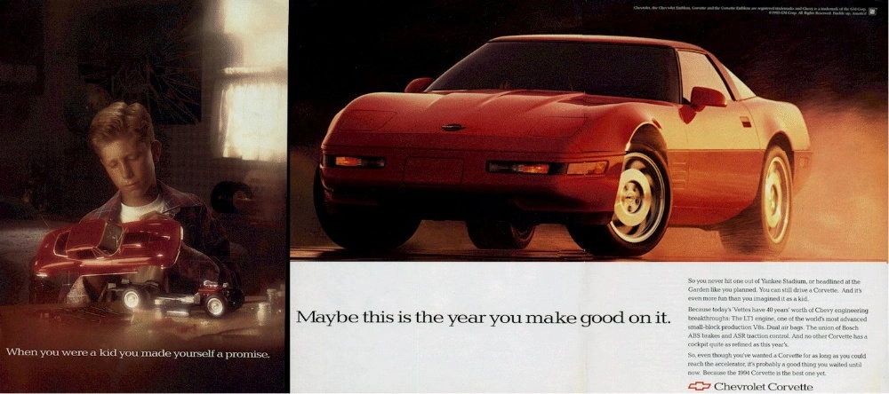 “Maybe this is the year you make good on it.” This 1994 Corvette ad leans hard into nostalgia—the kid with the model car on the left becomes the adult finally claiming the Torch Red C4 on the right. Chevy pairs that emotional hook with substance: the 300-hp LT1, your choice of close-ratio 6-speed or the new electronically controlled 4L60-E automatic, and the addition of a passenger airbag for ’94. It’s equal parts dream fulfillment and spec sheet, inviting buyers to keep a childhood promise with a world-class American sports car. (Source: Chevrolet Marketing)