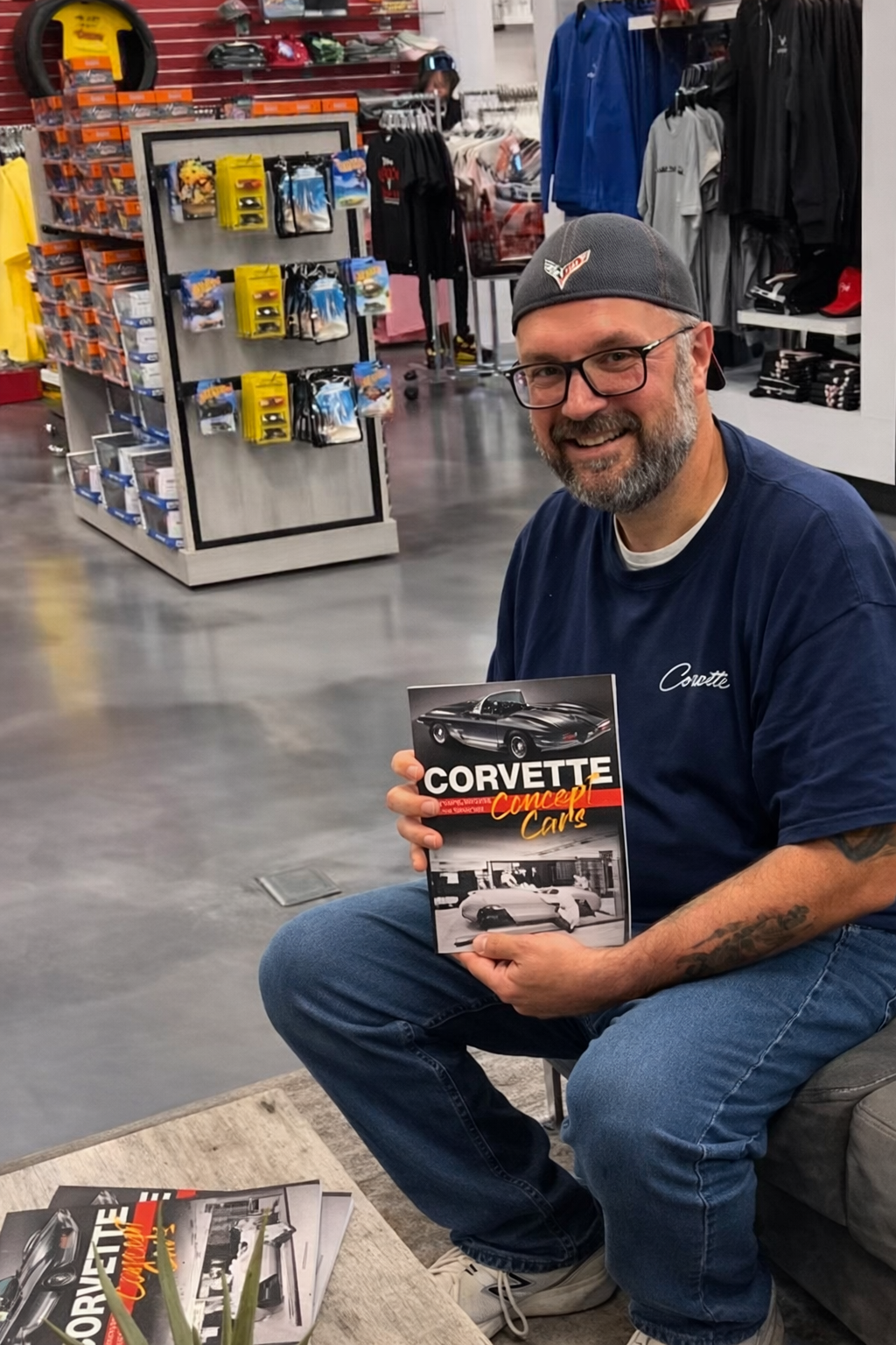 Scott Kolecki and his book "Corvette Concept Cars: Developing America's Favorite Sports Car" at the National Corvette Museum store in Bowling Green, Kentucky.