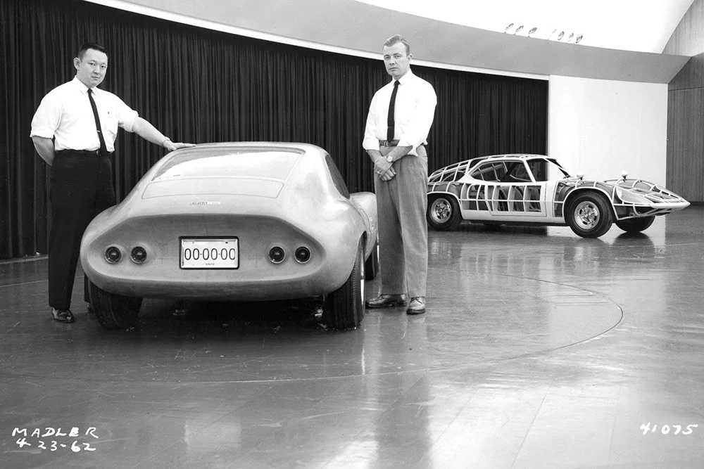 Larry Shinoda and Antone "Tony' Lapine with the full scale Monza SS Clay Concept Car.