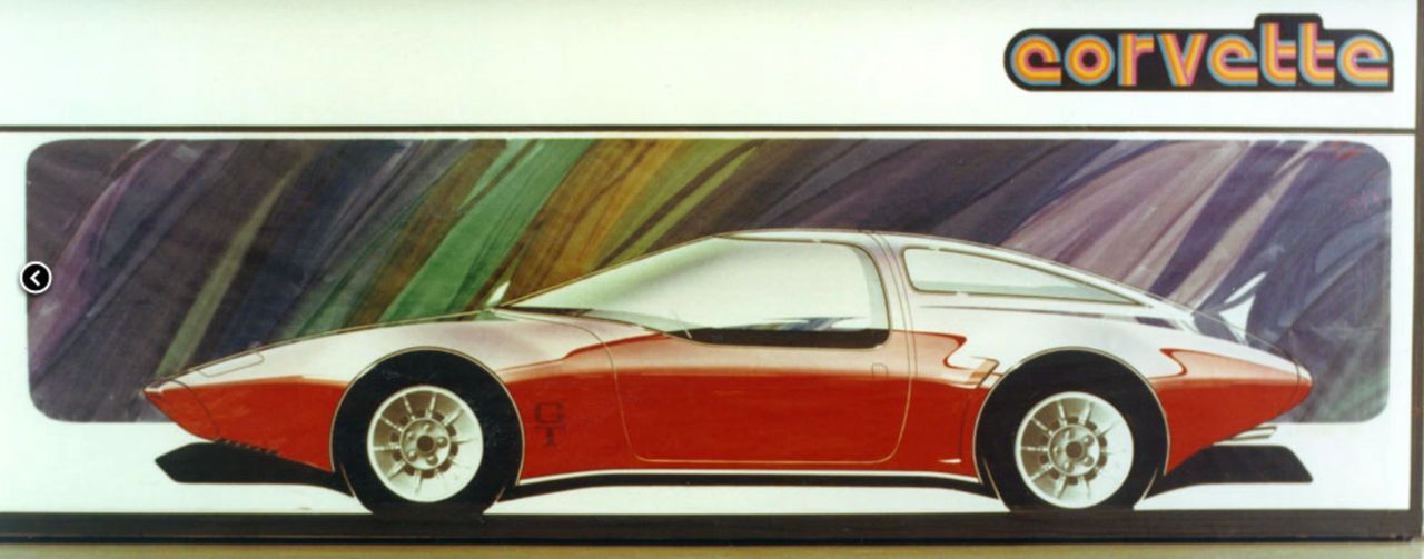 This vibrant side-view rendering of the XP-987 GT captures GM Design’s early vision for a lithe, mid-engine Corvette of the 1970s. The ultra-low nose, expansive canopy, and tightly drawn tail give the car a racy, almost European stance, while the bold “Corvette” script and red bodywork anchor it firmly in Chevy territory. Clean, unbroken surfaces and tucked-in wheels emphasize agility over brute force, hinting at a lighter, more nimble kind of American sports car. (Image courtesy of GM Media LLC) This vibrant side-view rendering of the XP-987 GT captures GM Design’s early vision for a lithe, mid-engine Corvette of the 1970s. The ultra-low nose, expansive canopy, and tightly drawn tail give the car a racy, almost European stance, while the bold “Corvette” script and red bodywork anchor it firmly in Chevy territory. Clean, unbroken surfaces and tucked-in wheels emphasize agility over brute force, hinting at a lighter, more nimble kind of American sports car. (Image courtesy of GM Media LLC)