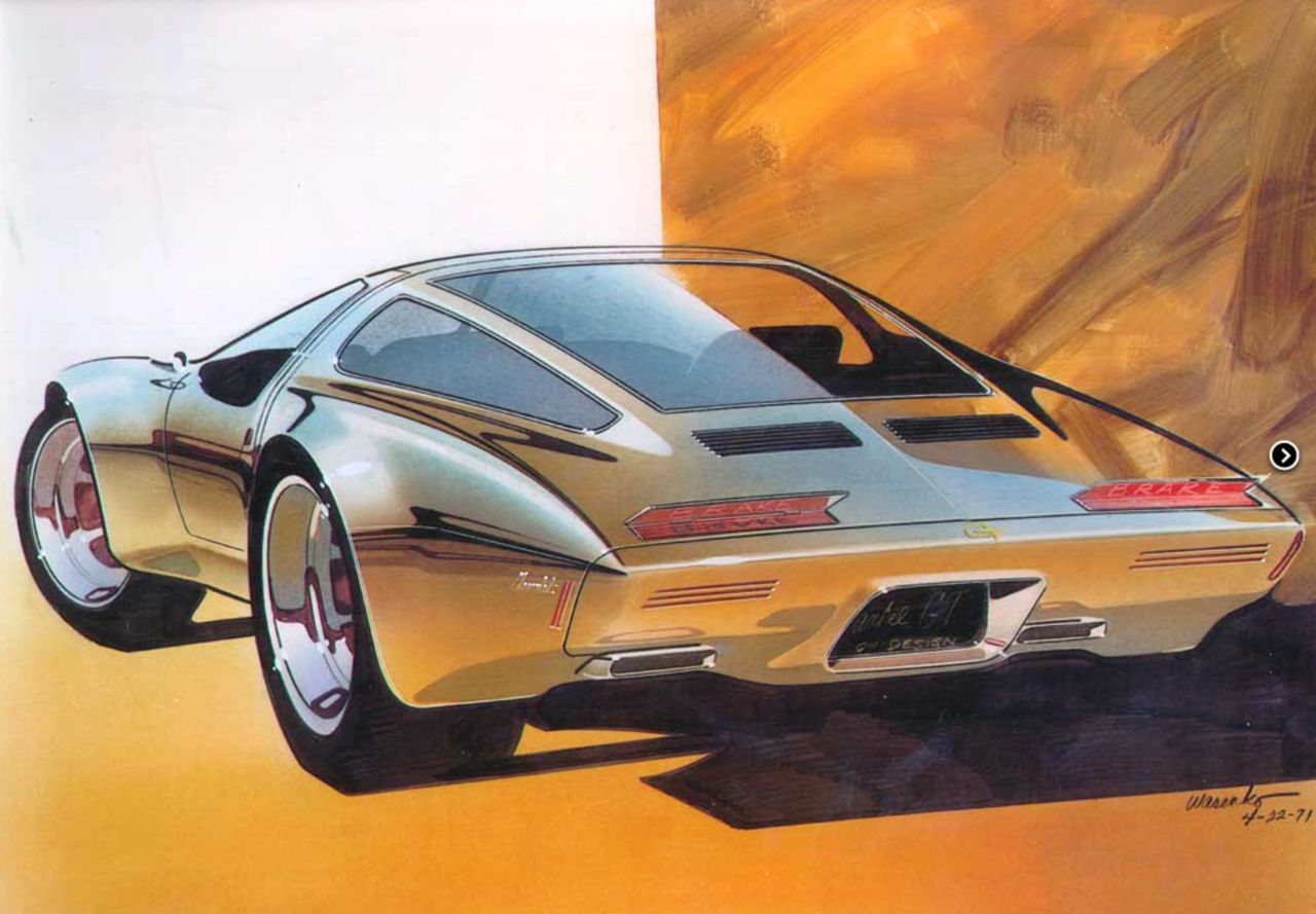 This early XP-987 GT sketch by GM designer Henry “Hank” Wasenko captures the bold optimism of Chevrolet’s rotary-engine experiment at the dawn of the 1970s. The rendering showcases Wasenko’s trademark fuselage-style surfacing—fluid, organic, almost aerodynamic in its stance even at rest—paired with futuristic cues like full-width rear lamps and deeply recessed vents. According to GM Design anecdotes, Wasenko produced several of these dramatic rear-three-quarter views in rapid succession, exploring how a mid-engine Corvette might visually communicate “velocity” through sheer form alone. The huge, turbine-inspired wheels and glassy canopy weren’t just stylistic flourishes—they were deliberate attempts to signal a technological leap forward worthy of the unconventional Wankel engine beneath. Though the production-intended 2-rotor Corvette never materialized, renderings like this one became favorites within the Design Staff, often pinned on walls as a reminder of how radical the Corvette’s future could be. In many ways, Wasenko’s vision foreshadows the sculptural language that wouldn’t appear on a real Corvette until the C8—nearly half a century later. (Image courtesy of GM Media LLC) This early XP-987 GT sketch by GM designer Henry “Hank” Wasenko captures the bold optimism of Chevrolet’s rotary-engine experiment at the dawn of the 1970s. The rendering showcases Wasenko’s trademark fuselage-style surfacing—fluid, organic, almost aerodynamic in its stance even at rest—paired with futuristic cues like full-width rear lamps and deeply recessed vents. According to GM Design anecdotes, Wasenko produced several of these dramatic rear-three-quarter views in rapid succession, exploring how a mid-engine Corvette might visually communicate “velocity” through sheer form alone. The huge, turbine-inspired wheels and glassy canopy weren’t just stylistic flourishes—they were deliberate attempts to signal a technological leap forward worthy of the unconventional Wankel engine beneath. Though the production-intended 2-rotor Corvette never materialized, renderings like this one became favorites within the Design Staff, often pinned on walls as a reminder of how radical the Corvette’s future could be. In many ways, Wasenko’s vision foreshadows the sculptural language that wouldn’t appear on a real Corvette until the C8—nearly half a century later. (Image courtesy of GM Media LLC)